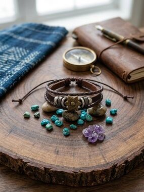 Hand Crafted Brown Leather Bracelet with Star Accent